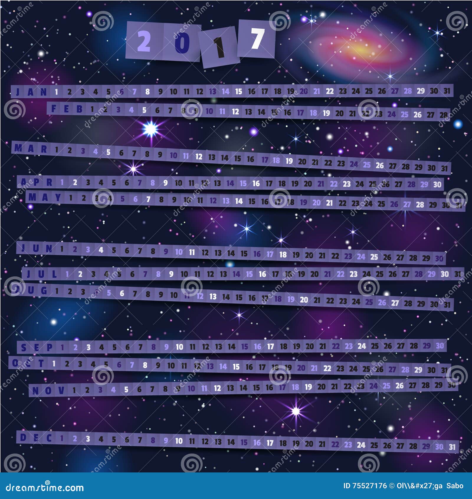 Year Calendar with Paper Strips on Joyful Cosmic Background. Stock