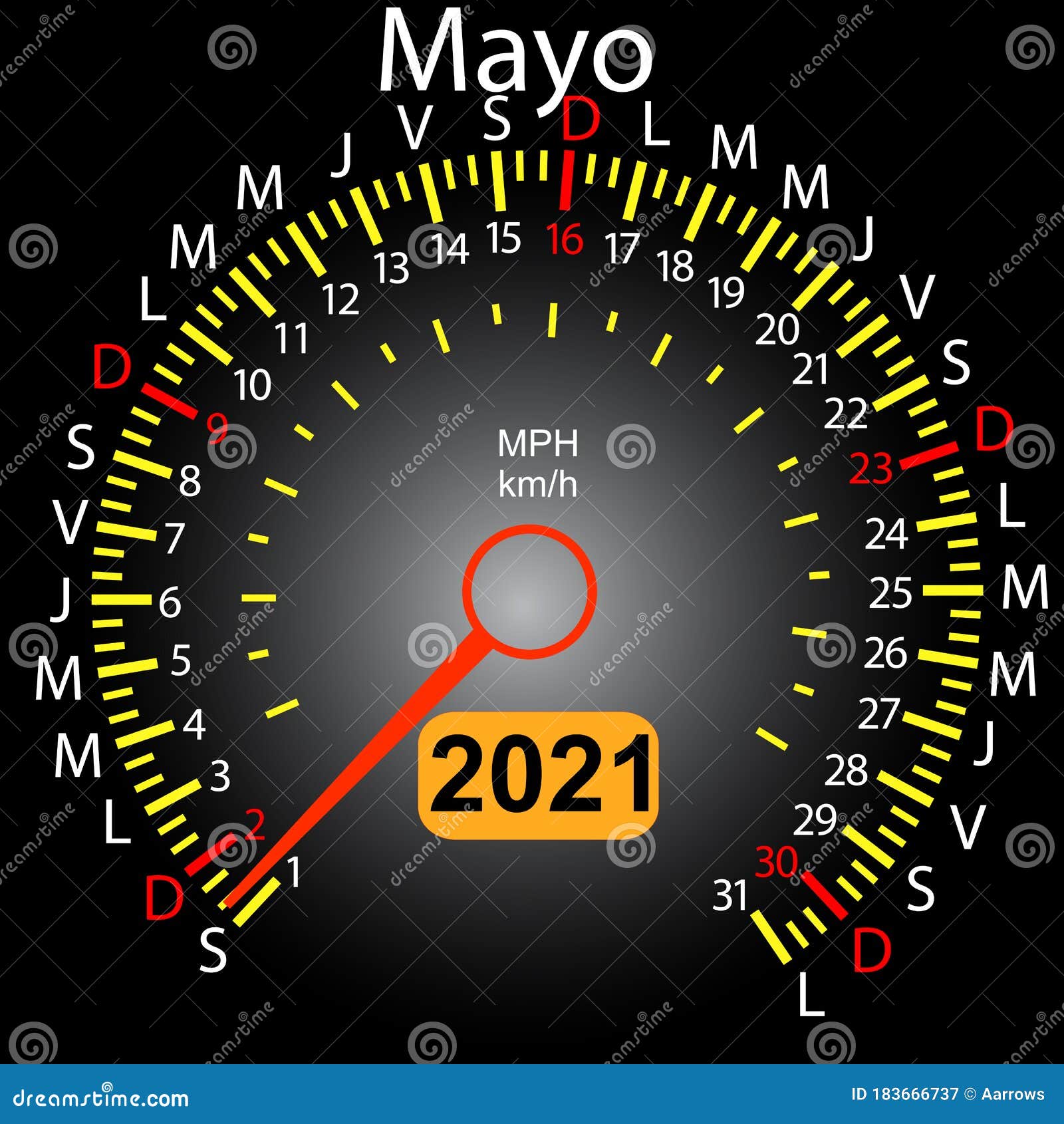 2021 Year Calendar Speedometer Car in Spanish May Stock Vector