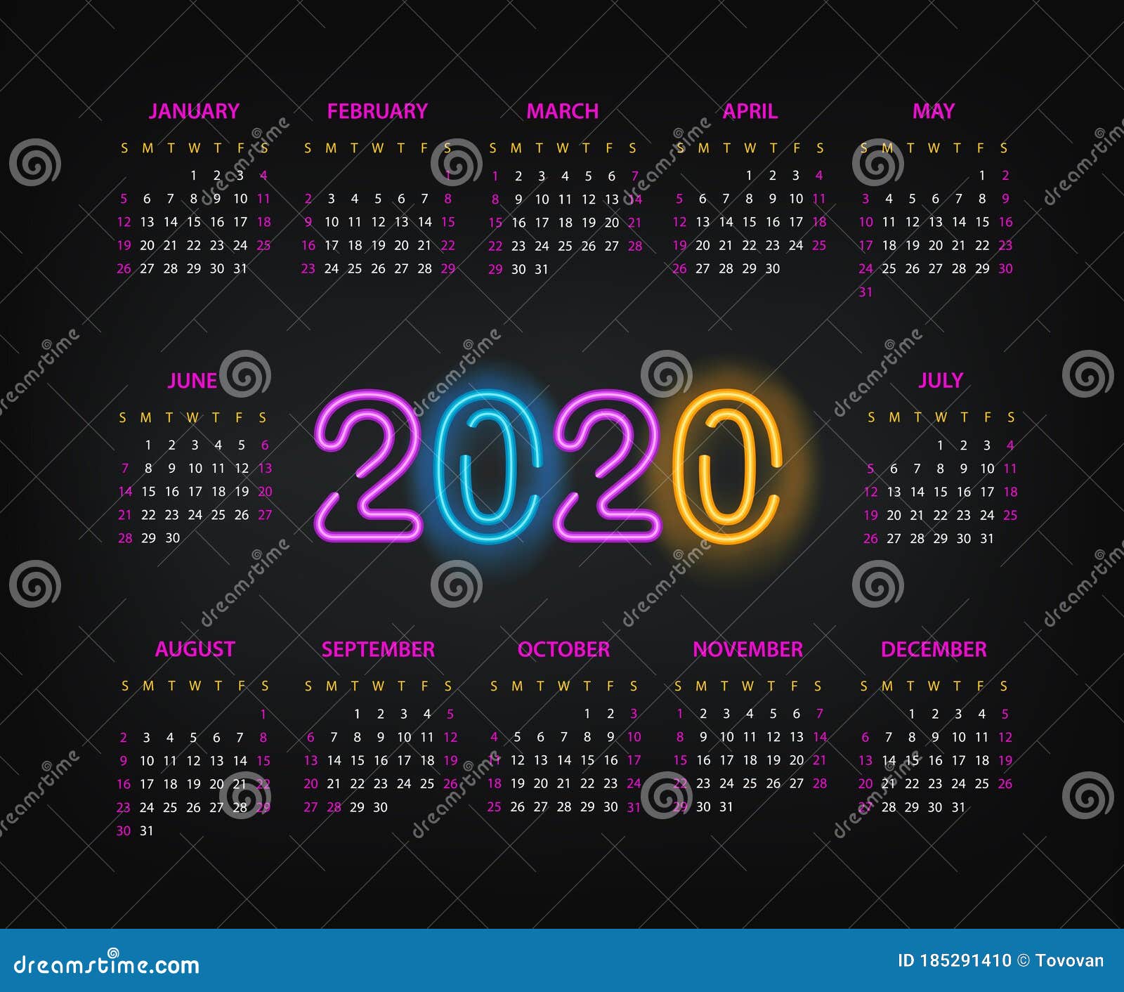 2020 Year Calendar Template Stock Vector - Illustration of card, number
