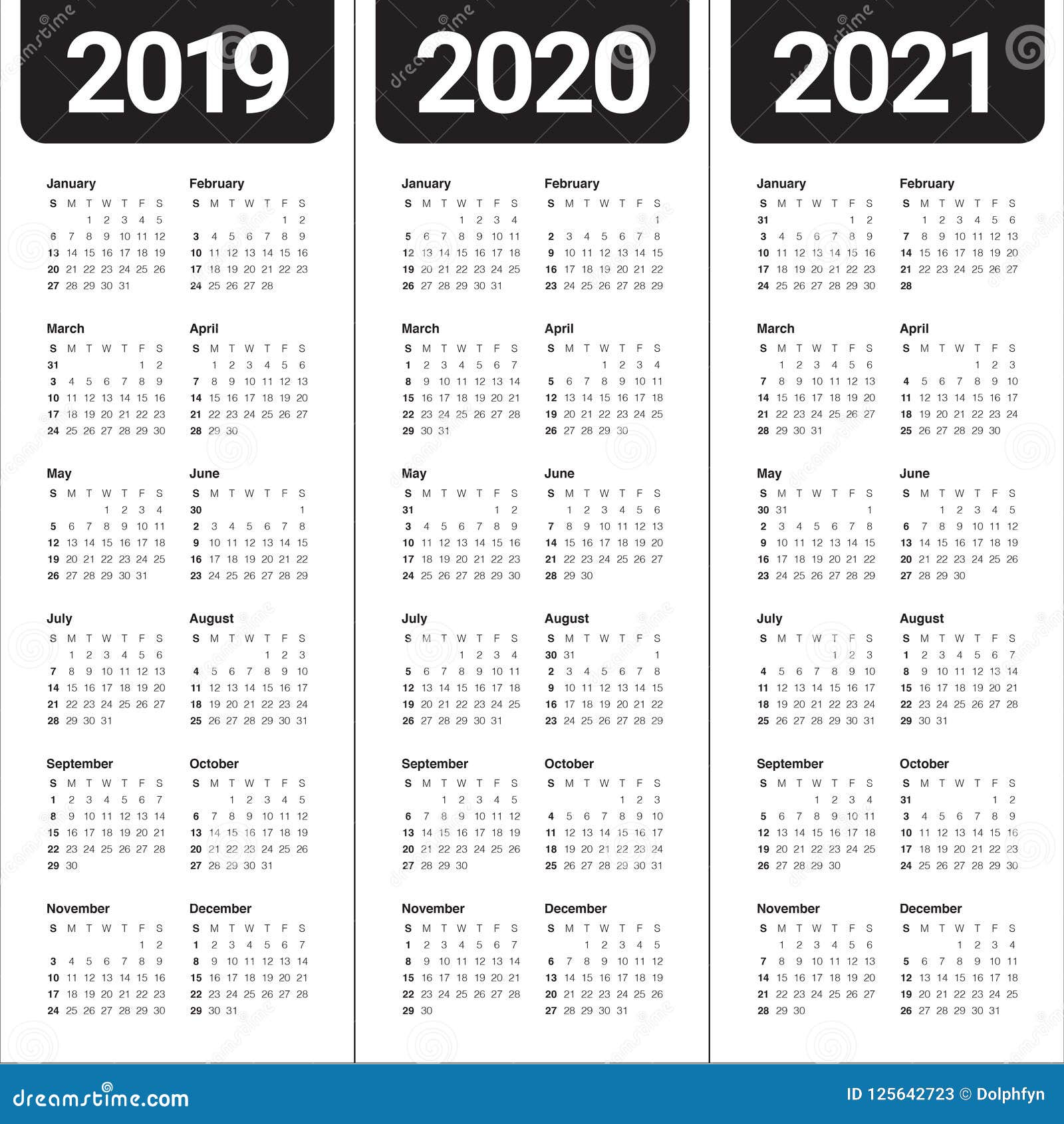 Year 2019 2020 2021 Calendar Vector Design Template Stock Vector