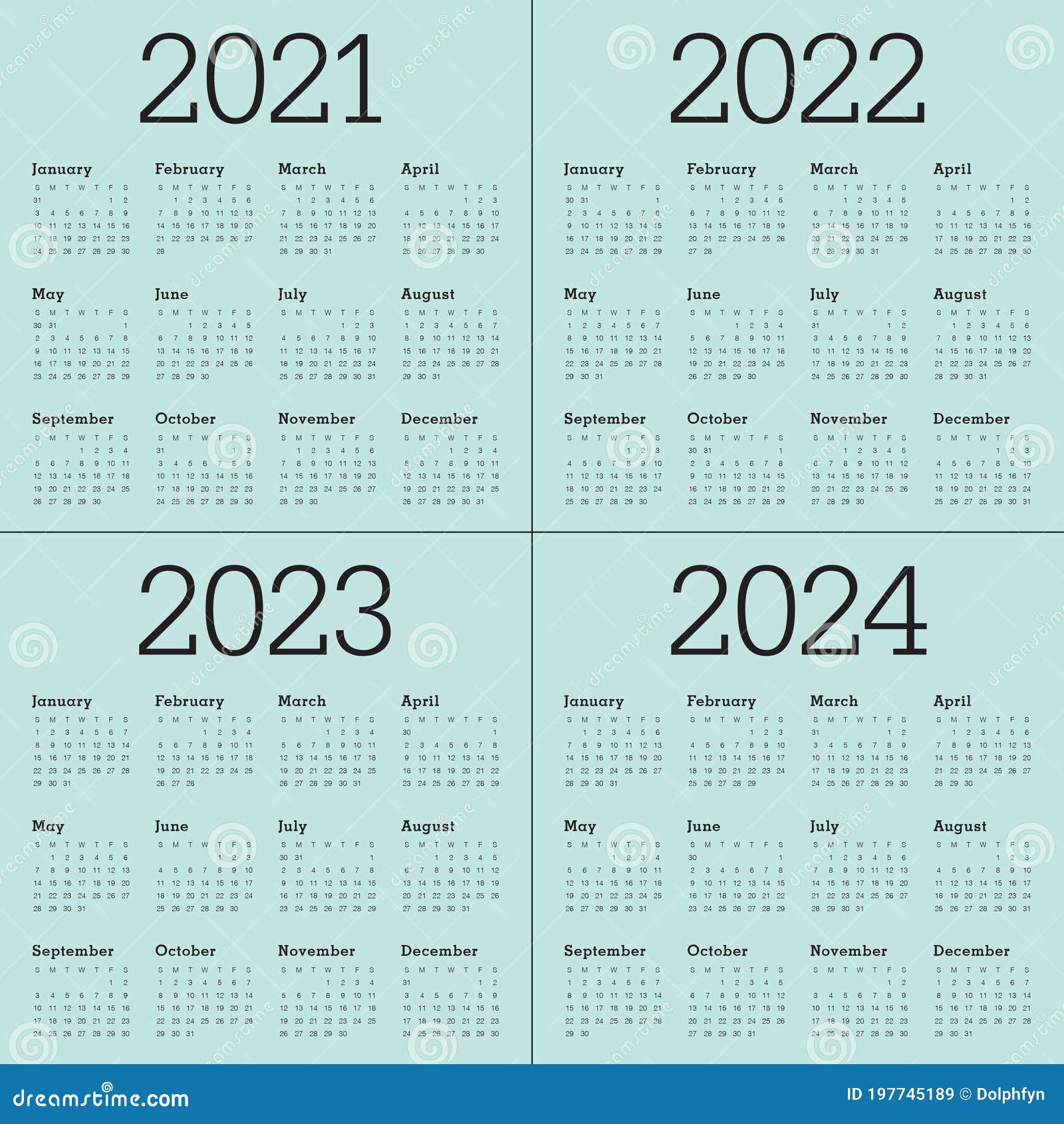 Year 2021 2022 2023 2024 Calendar Vector Design Template Stock Vector Illustration Of Date Simple 197745189