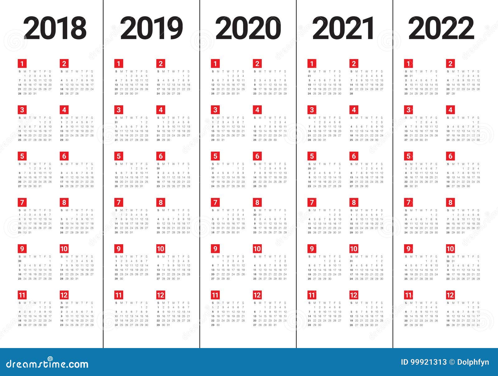 Year 2018 2019 2020 2021 2022 Calendar Vector Stock Vector