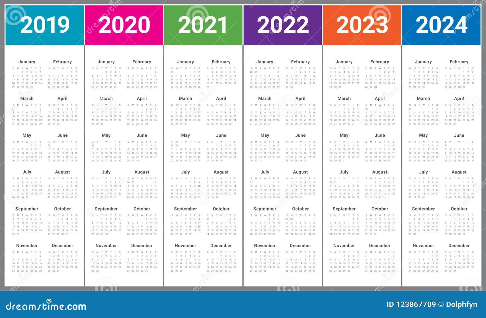 Year 2019 2020 2021 2022 2023 2024 Calendar Vector Design Template