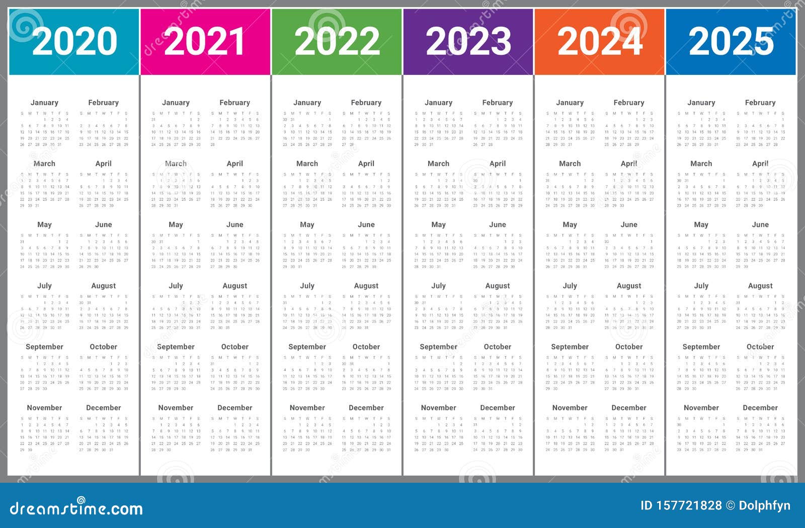 Year 2020 2021 2022 2023 2024 2025 Calendar Vector Design Template