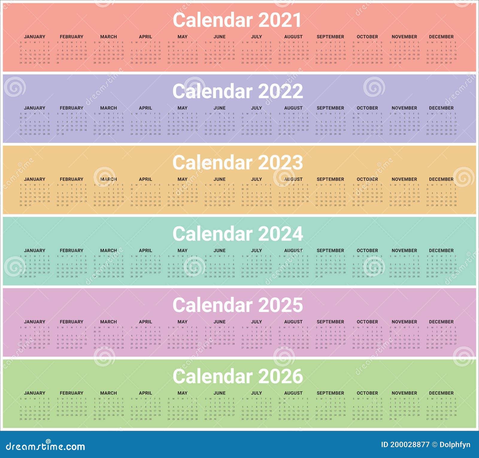 Year 2021 2022 2023 2025 2025 2026 Calendar Vector Design Template