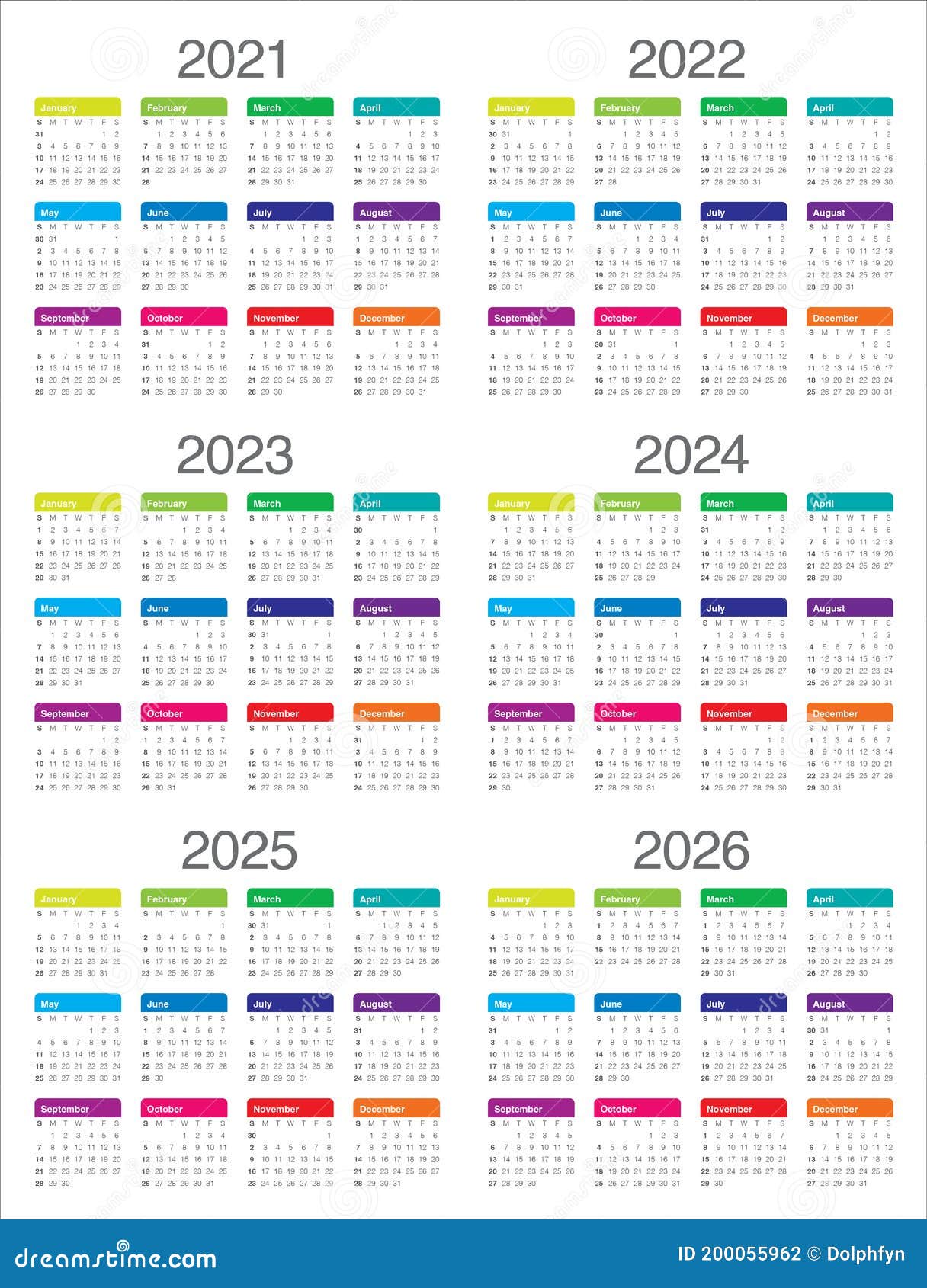 Year 2021 2022 2023 2024 2025 2026 Calendar Vector Design Template