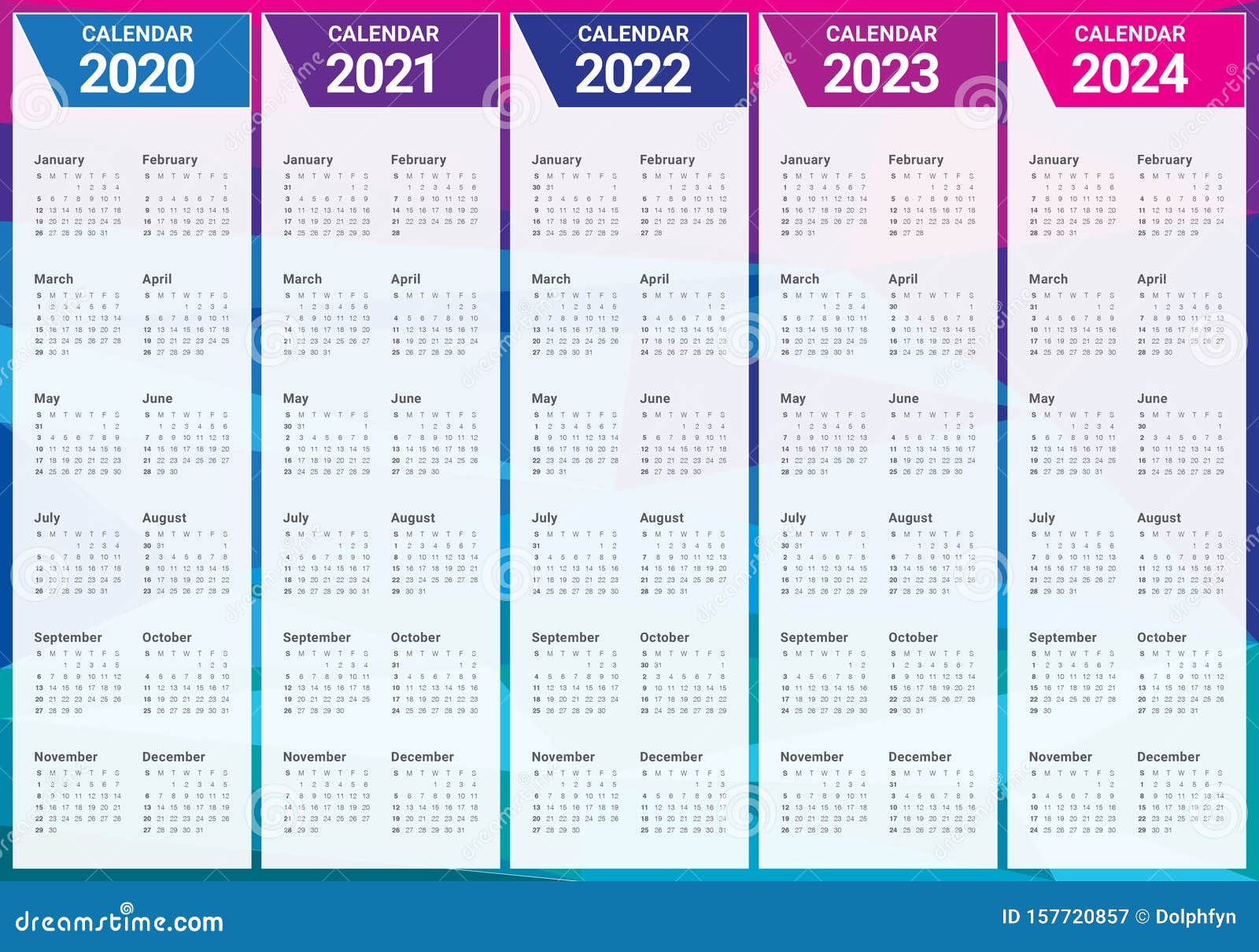 Year 2020 2021 2022 2023 2024 Calendar Vector Design Template Stock