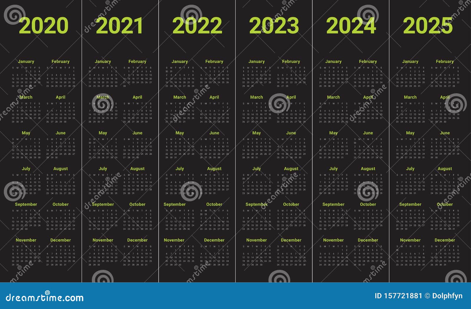 Year 2020 2021 2022 2023 2024 2025 Calendar Vector Design ...