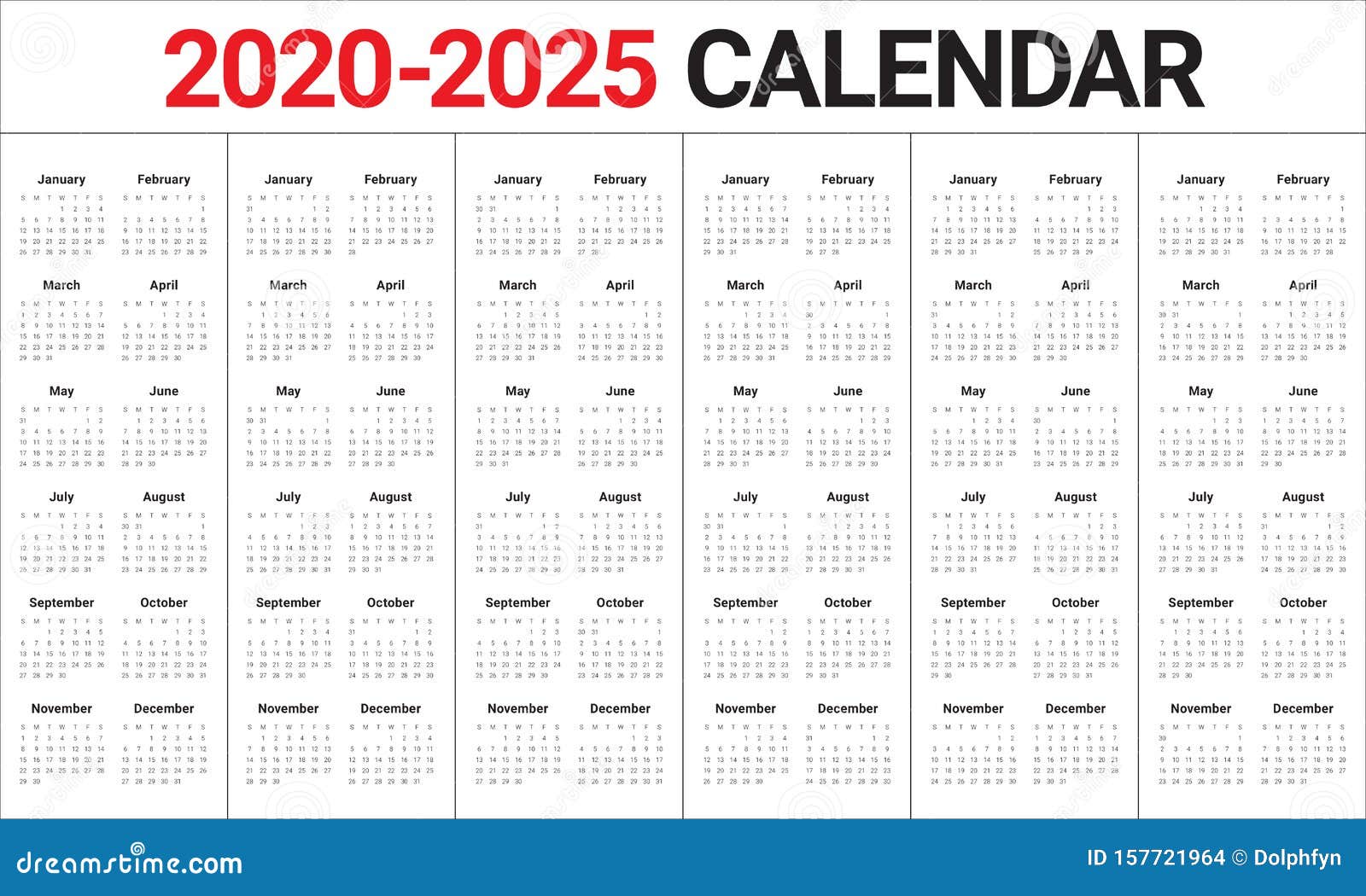 Year 2020 2021 2022 2023 2024 2025 Calendar Vector Design Template