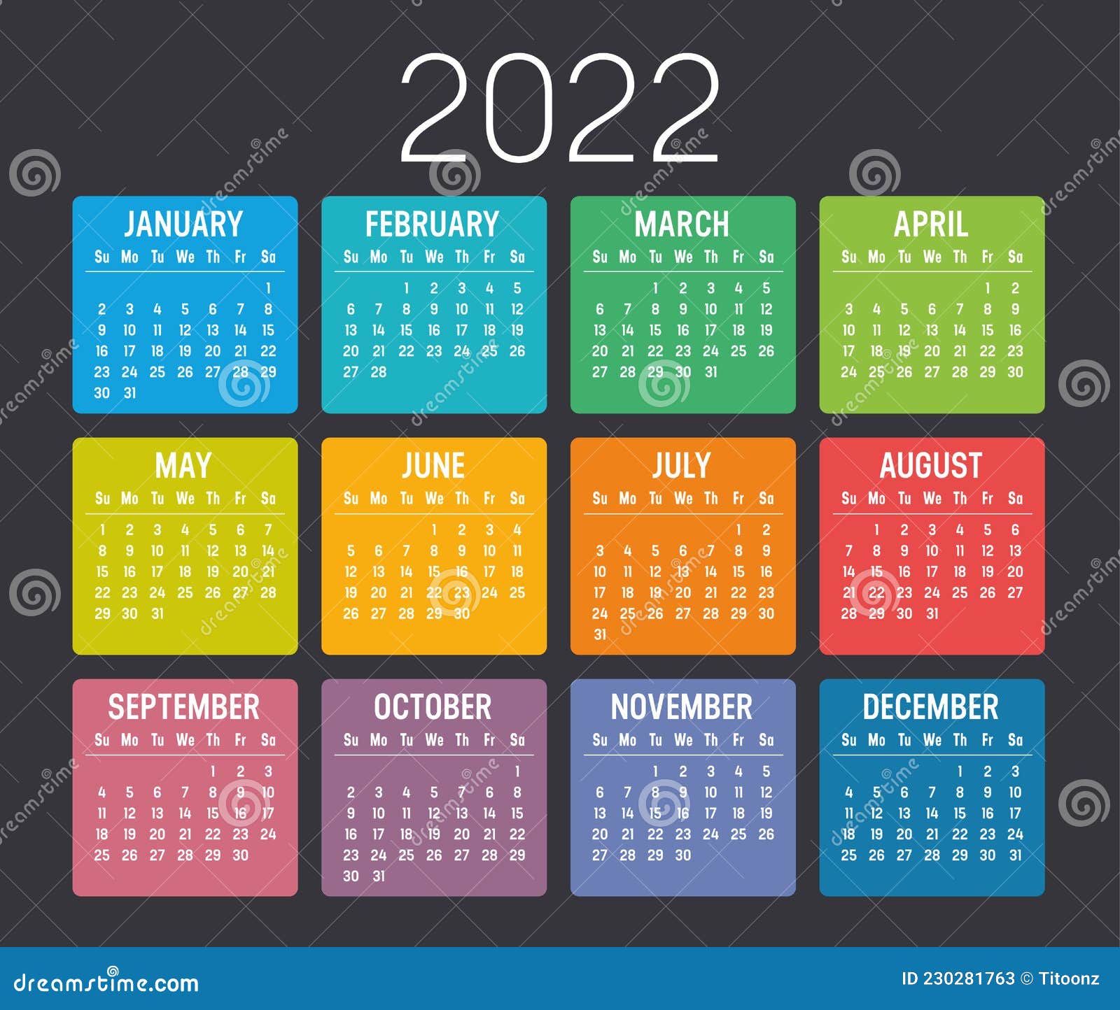 Year 2022 Calendar Vector Template Stock Vector Illustration of date