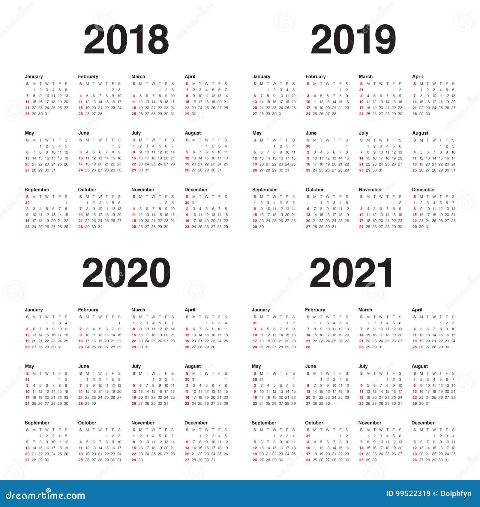 Year 2018 2019 2020 2021 Calendar Vector Stock Vector Illustration Of Date Year 99522319