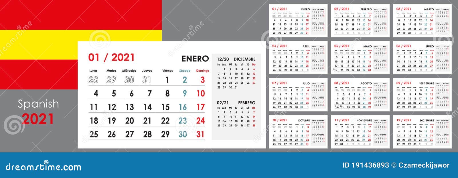 simple calendar for 2021. 12 months on 12 boards. spanish version.