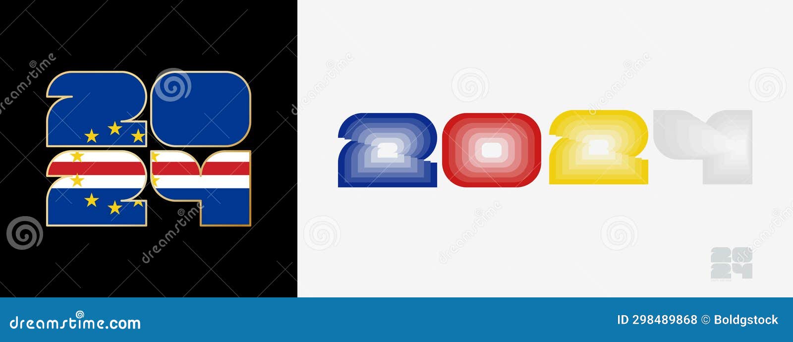 year 2024 with flag of cape verde and in color palate of cape verde flag. happy new year 2024 in two different style