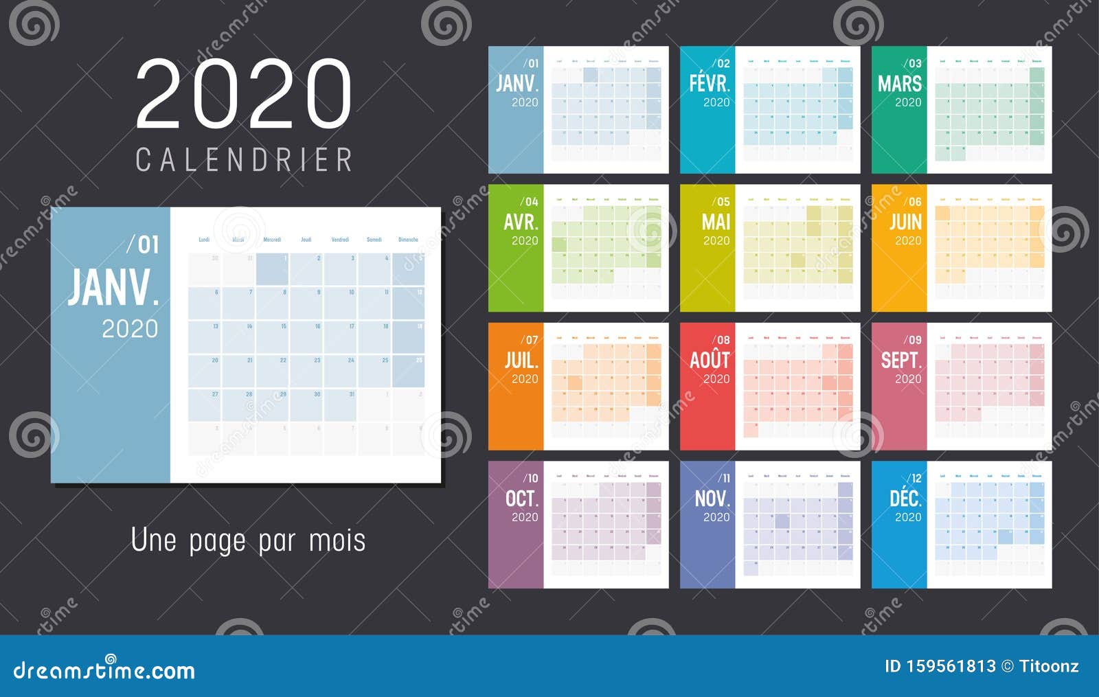 year 2020 french monthly calendar