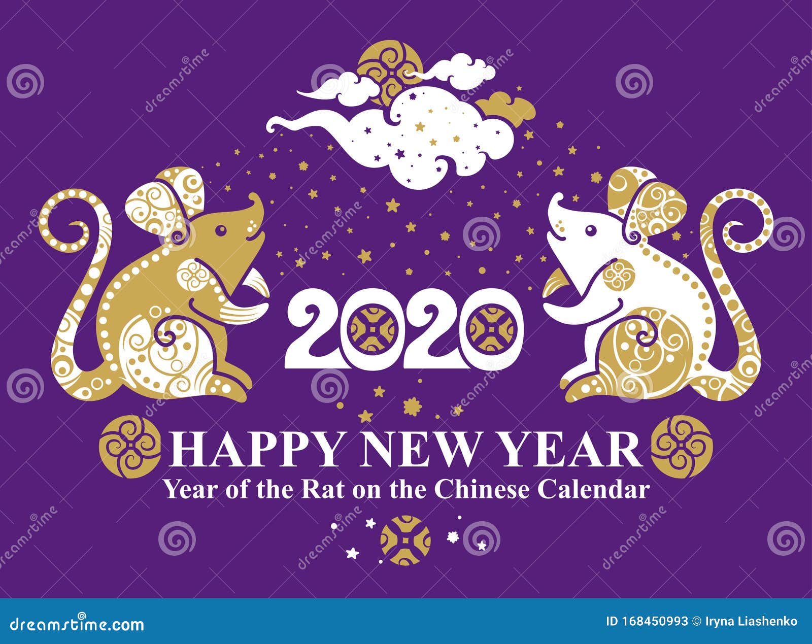 Year of the Metal Rat. 2020. Pattern with Two Sitting Rats Decorated with Ornament Stock 