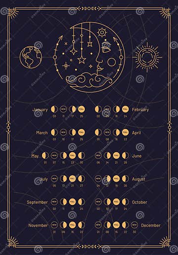 2024 Year Moon Calendar, Lunar Phases Schedule and Cycles Stock Vector 