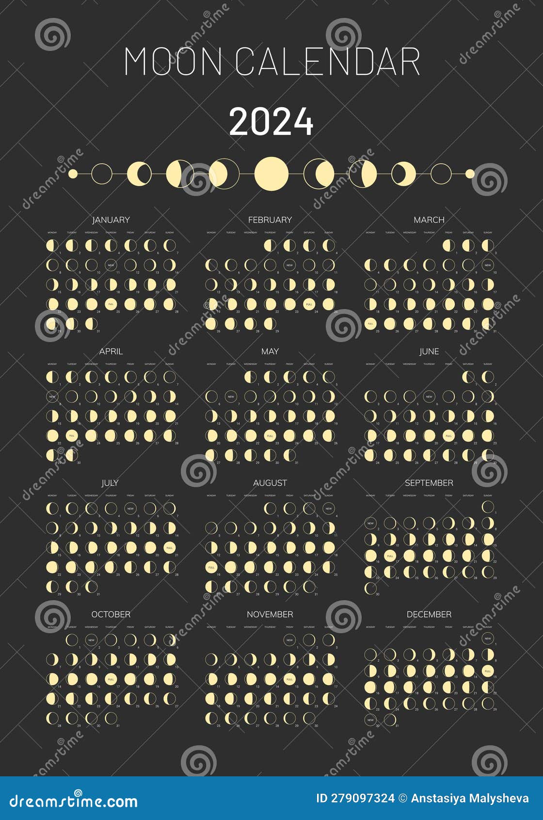 Luna etapas calendario 2024. menguante giboso, depilación creciente, nuevo  luna, lleno Luna con fechas. 21961997 Vector en Vecteezy