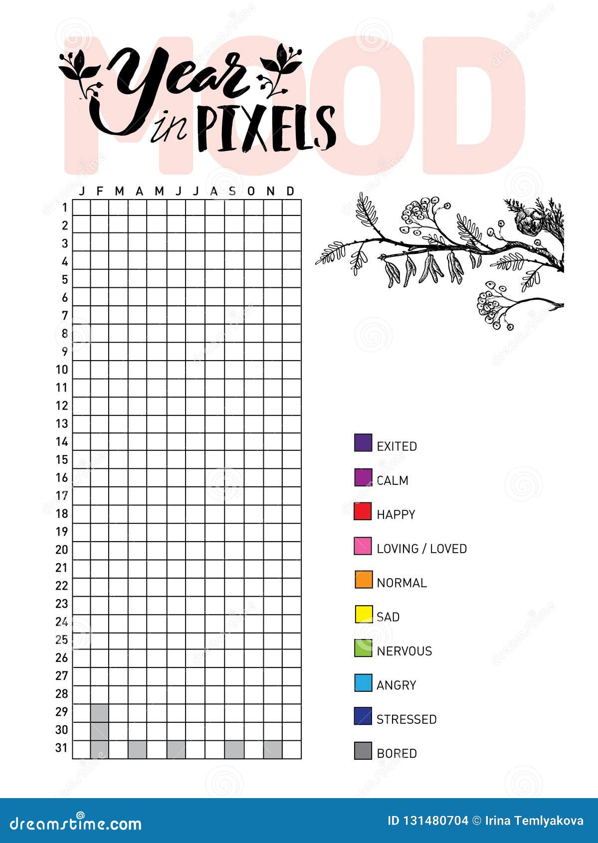 year in pixels, your mood. habit tracker blank with hand written cute numbers and lettering. bullet journal template