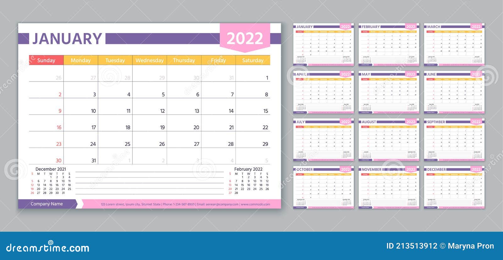 2022 Year Planner. Calendar Template. Vector Illustration. Table Schedule Grid Stock Vector - Illustration Of Corporate, English: 213513912