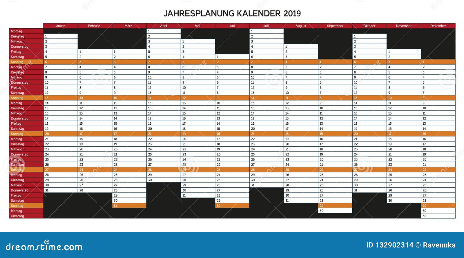 Bacteriën plank gemeenschap Year Planning Calendar for 2019 in German - Jahresplanung Kalender, Sundays  are Highlighted, Rest of Days is White Stock Vector - Illustration of  german, event: 132902314