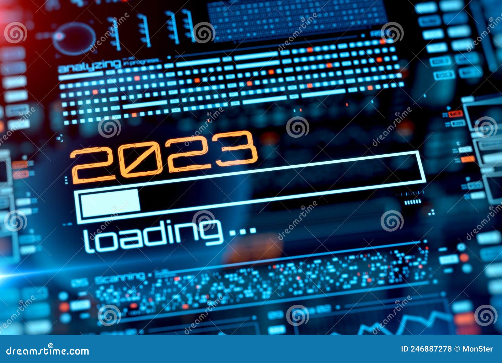 2023 Year Progress Bar on Digital Lcd Display with Reflection. Stock