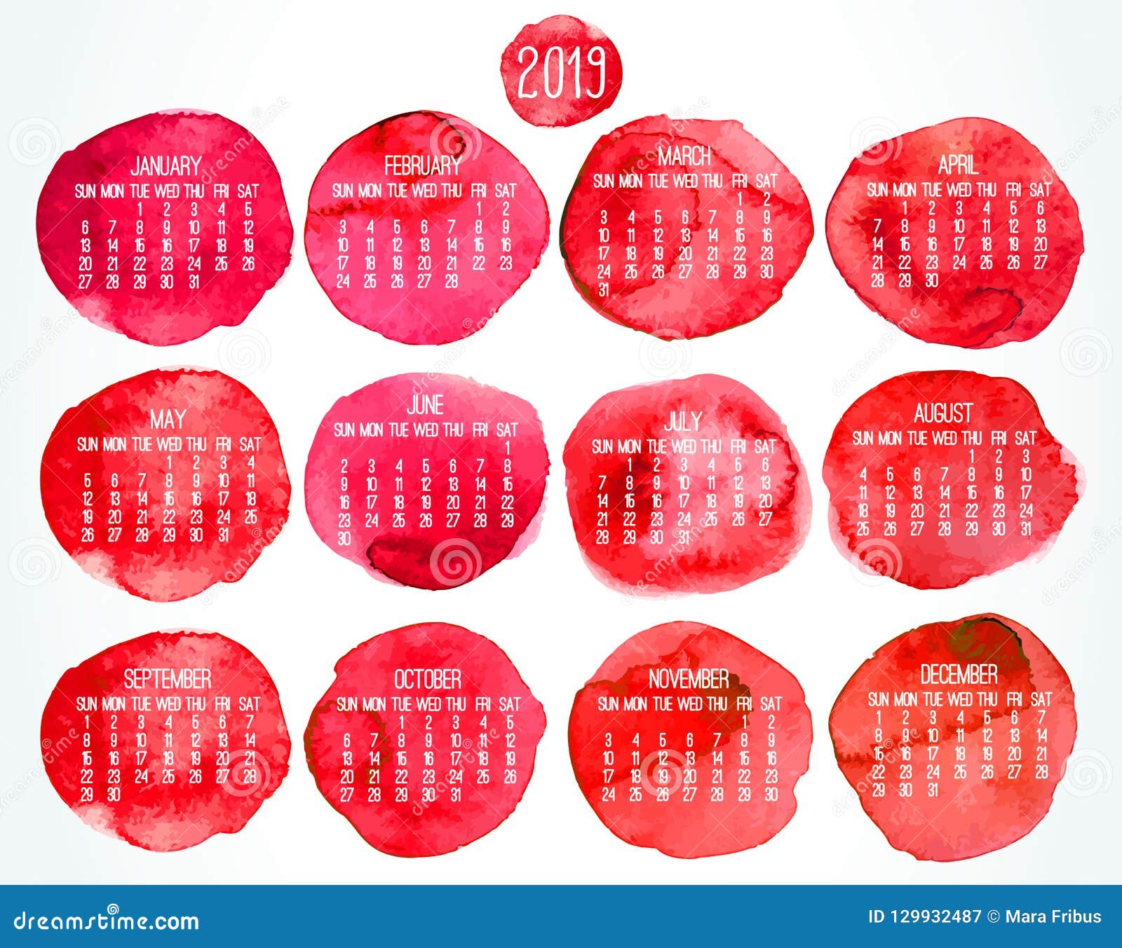 Year 2019 Red Watercolor Paint Monthly Calendar Stock Vector
