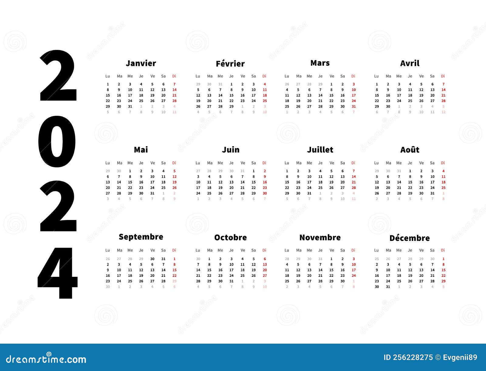 2025 Year Simple Horizontal Calendar in French Language, Typographic