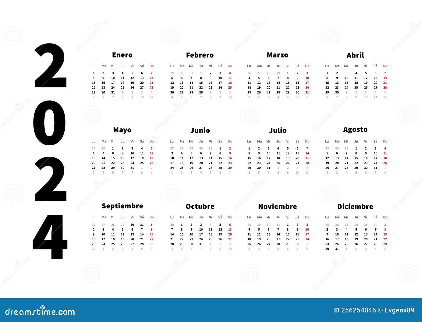 2024 Year Simple Horizontal Calendar in Spanish Language, Typographic