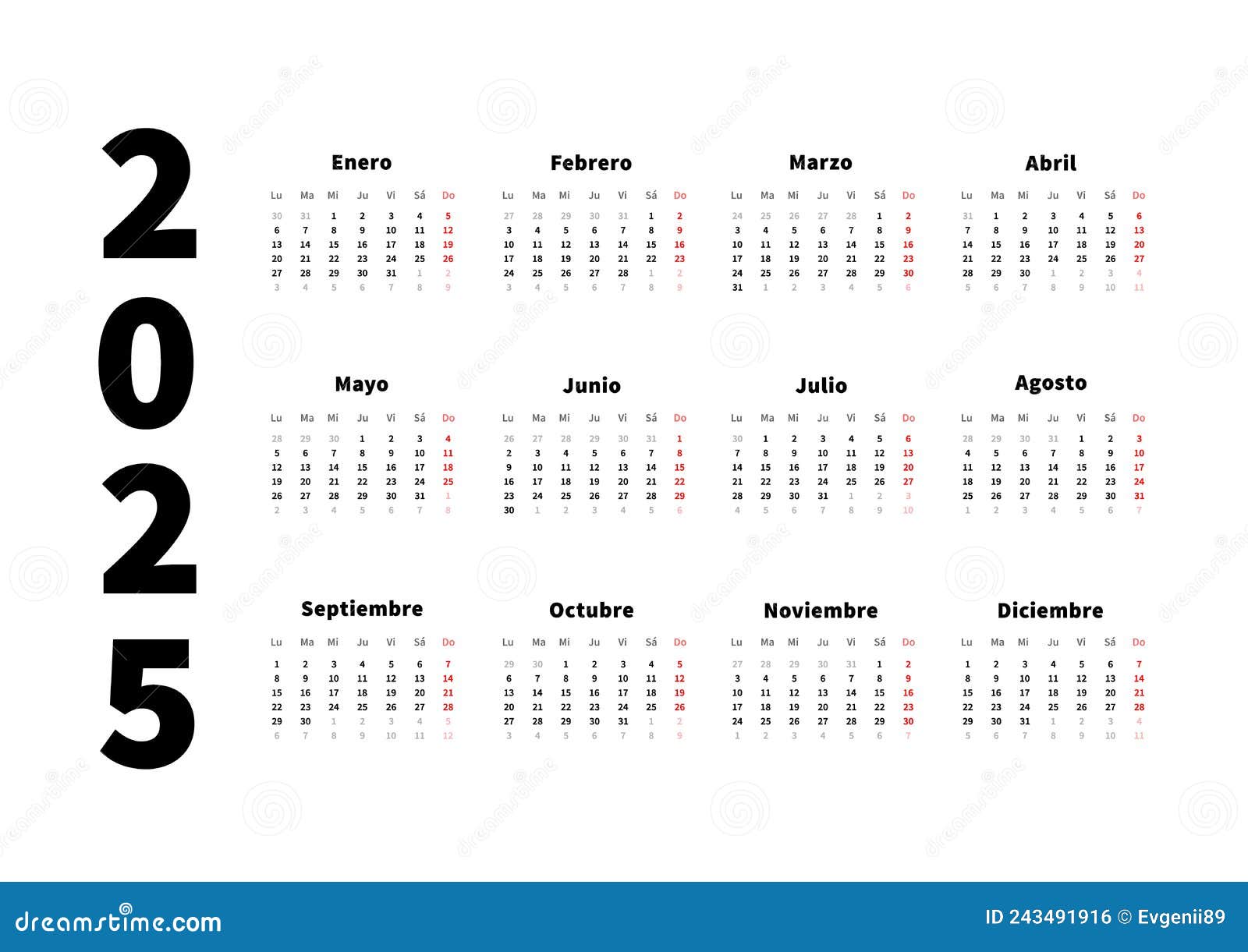 2025-year-simple-horizontal-calendar-in-spanish-typographic-calendar-isolated-on-white-stock