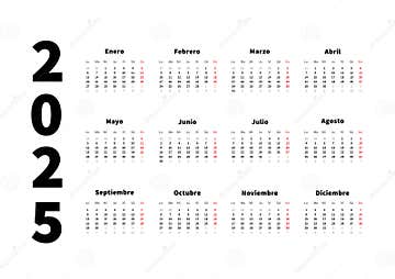 2025 Year Simple Horizontal Calendar In Spanish Typographic Calendar Isolated On White Stock
