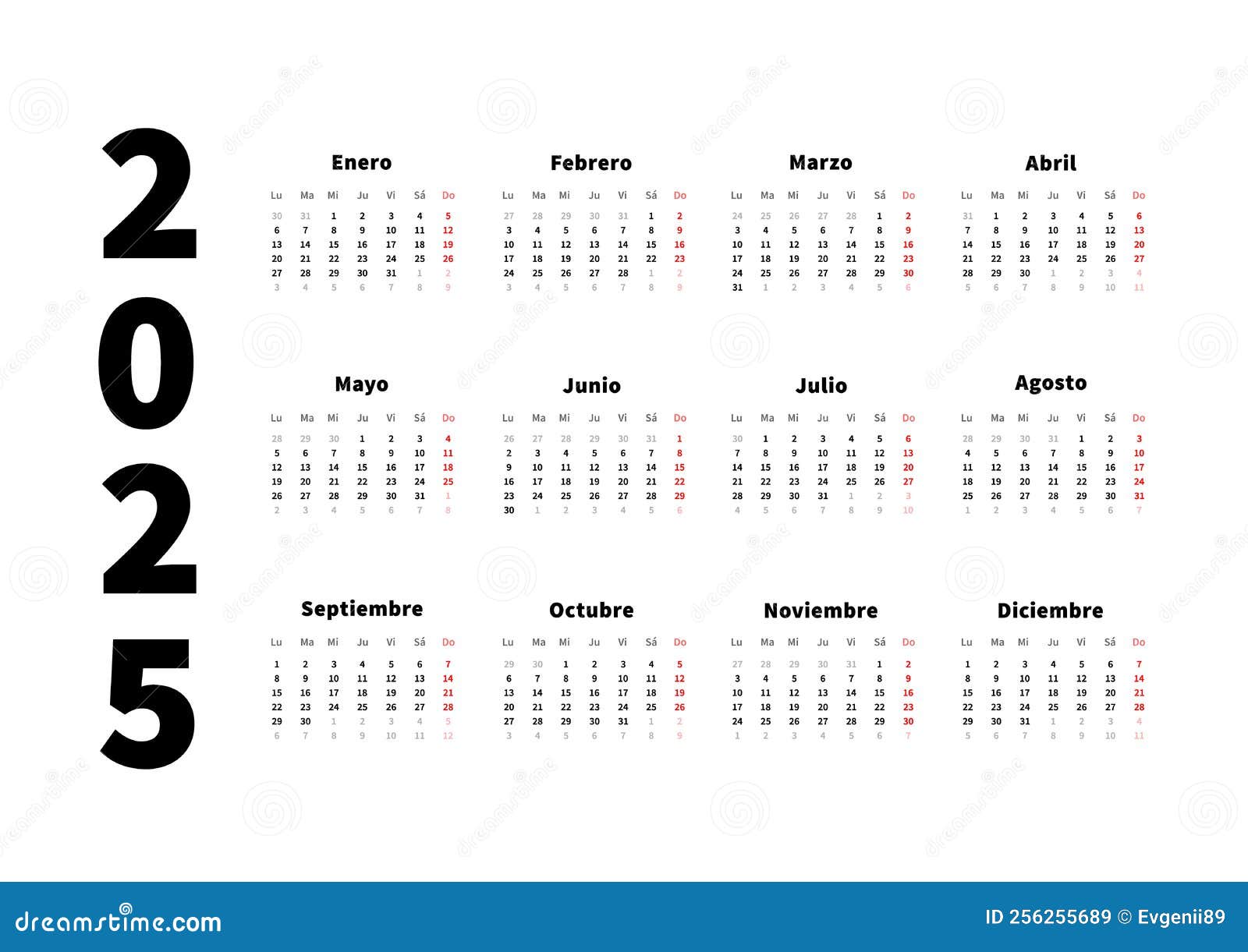 2025 Year Simple Horizontal Calendar in Spanish, Typographic Calendar