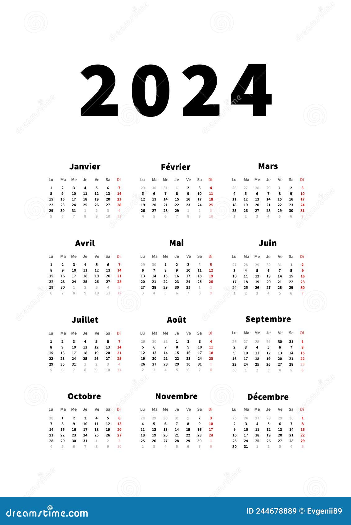 2024 Year Simple Vertical Calendar in French Language, Typographic