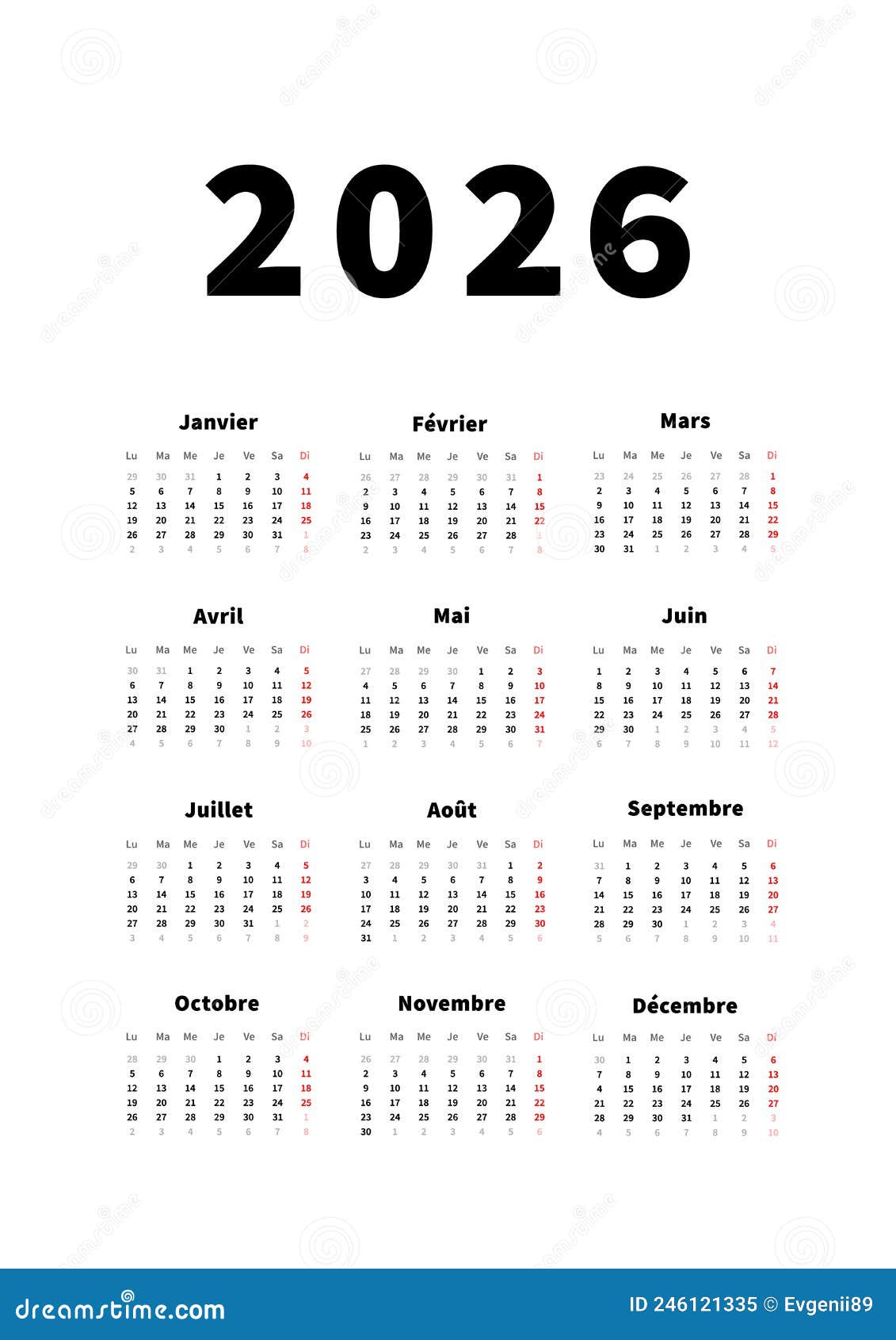 2026 Simple Horizontal Pocket Calendar Grid Template Isolated On White