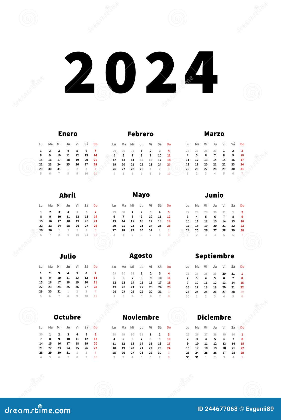 2024 Year Simple Vertical Calendar in Spanish Language, Typographic
