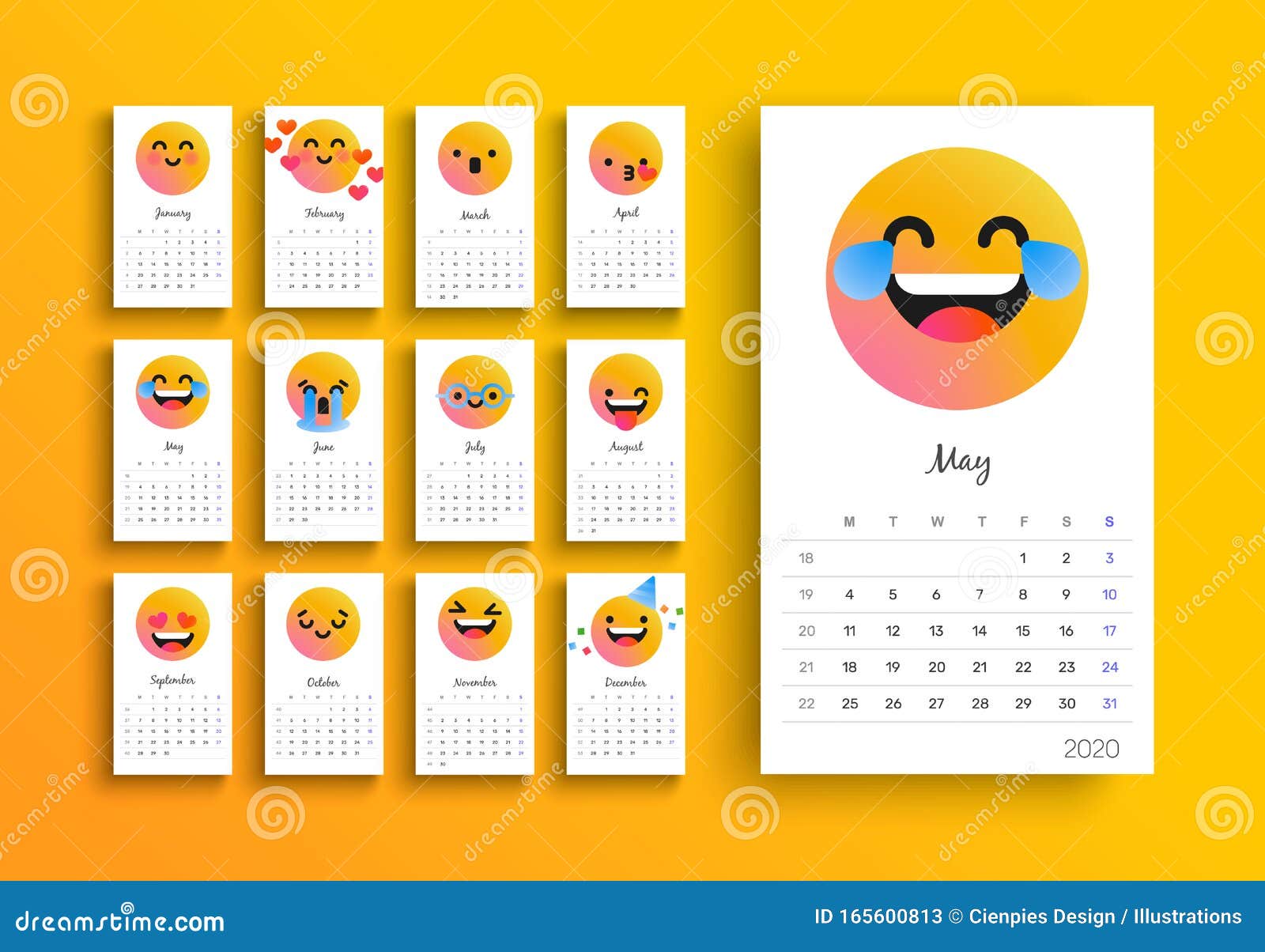 2020 Year Smiley Face Calendar Planner Template Stock Vector