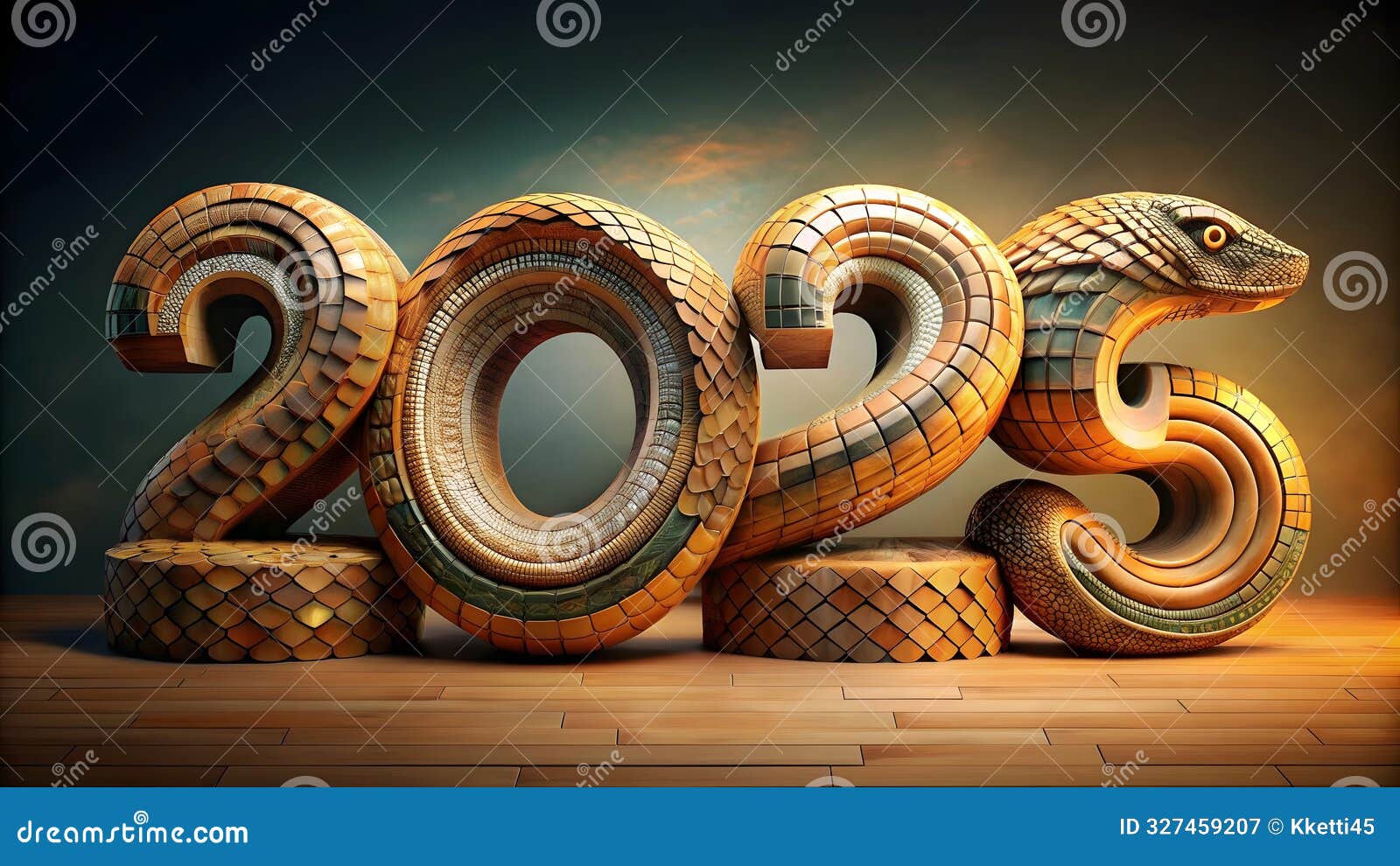 Year of the Snake 2025 on a Wooden Background. 3d Rendering Stock