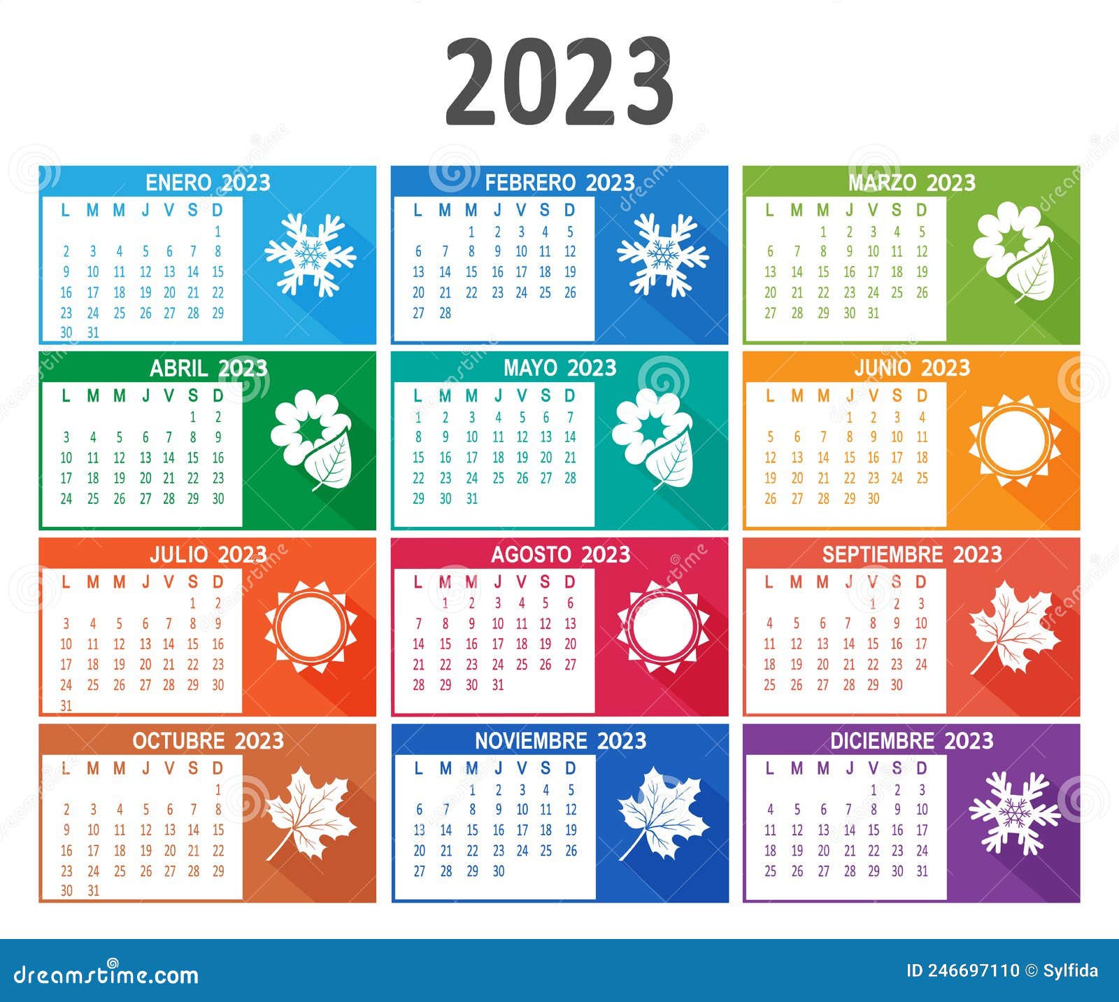 2023 year spanish calendar. week starts on lunes monday. 