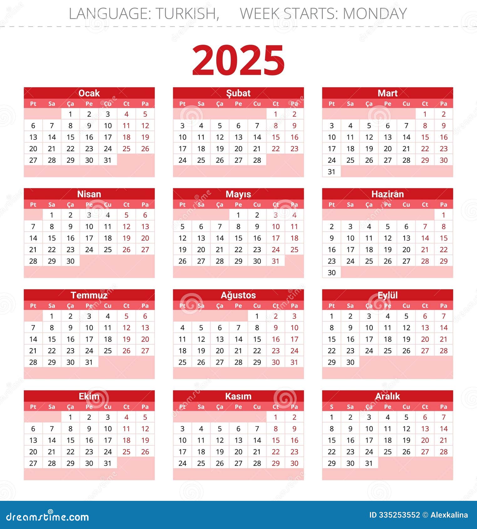 2025 Year Turkish Calendar. Printable Vector Illustration for Turkey ...