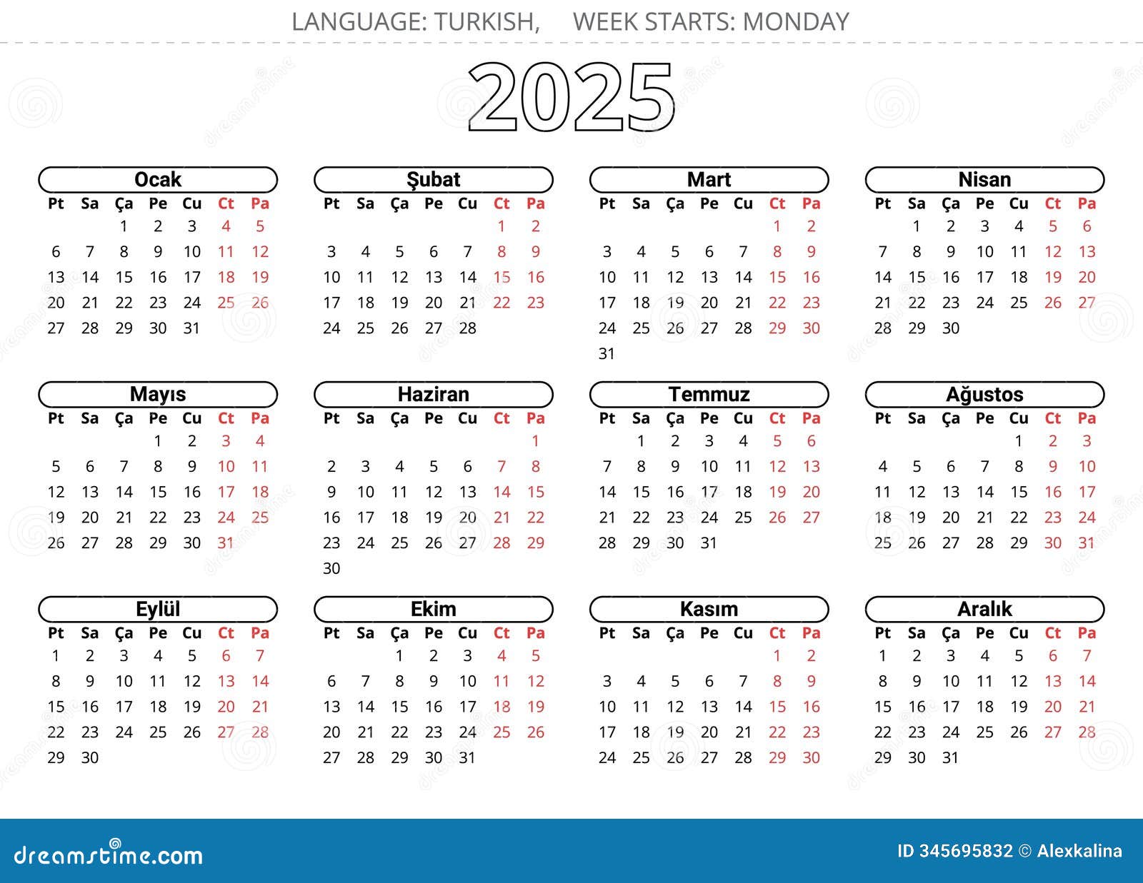 2025 Year Turkish Calendar Takvim Printable Vector Illustration