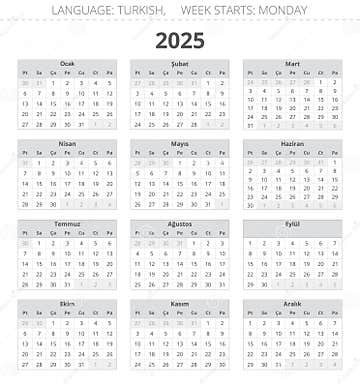 2025 Year Turkish Calendar - Takvim. Printable Vector Illustration for