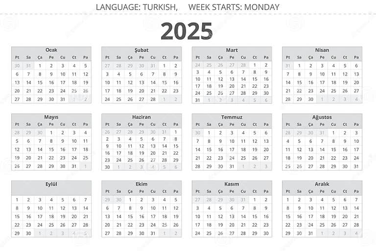 2025 Year Turkish Calendar - Takvim. Printable Vector Illustration for