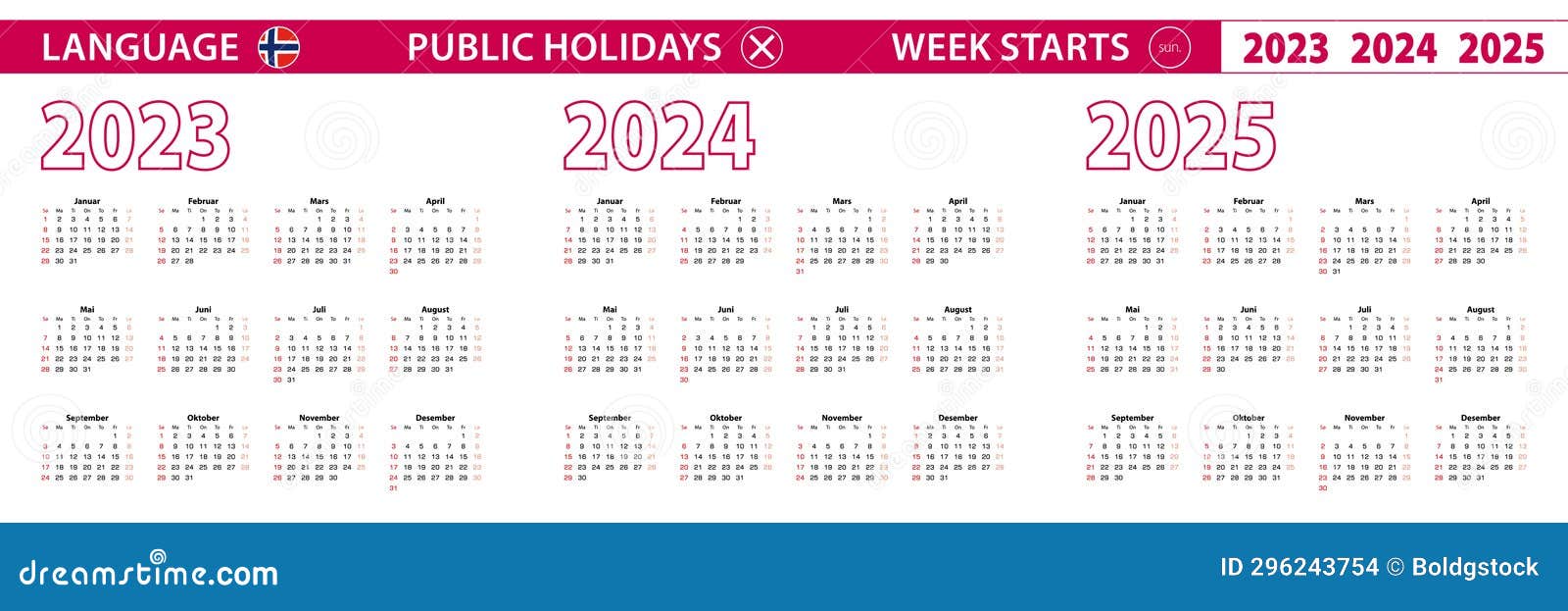 2023, 2024, 2025 Year Vector Calendar in Norwegian Language, Week