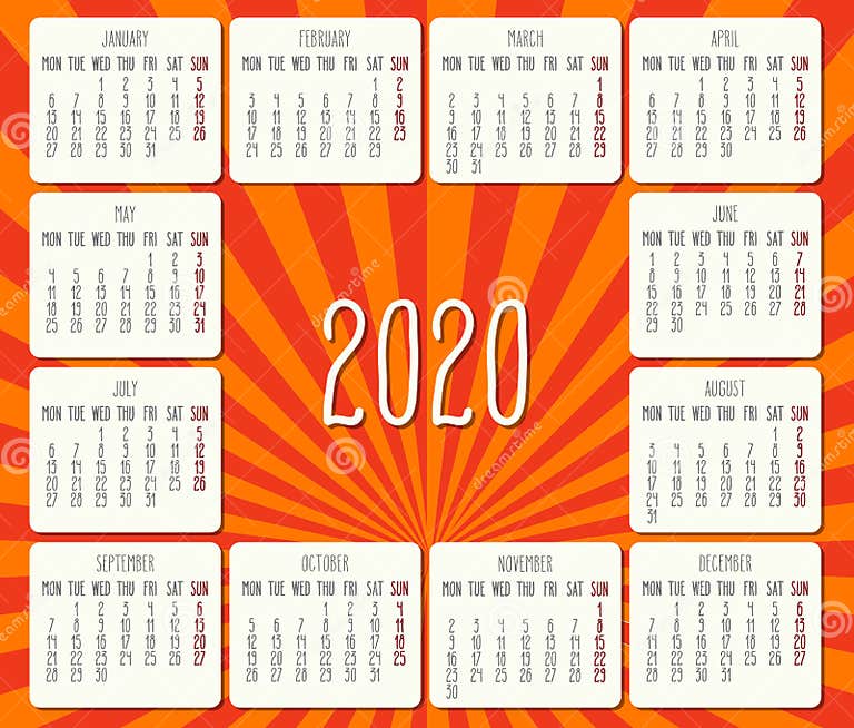 Year 2020 Monthly Bright Rays of Light Calendar Stock Vector