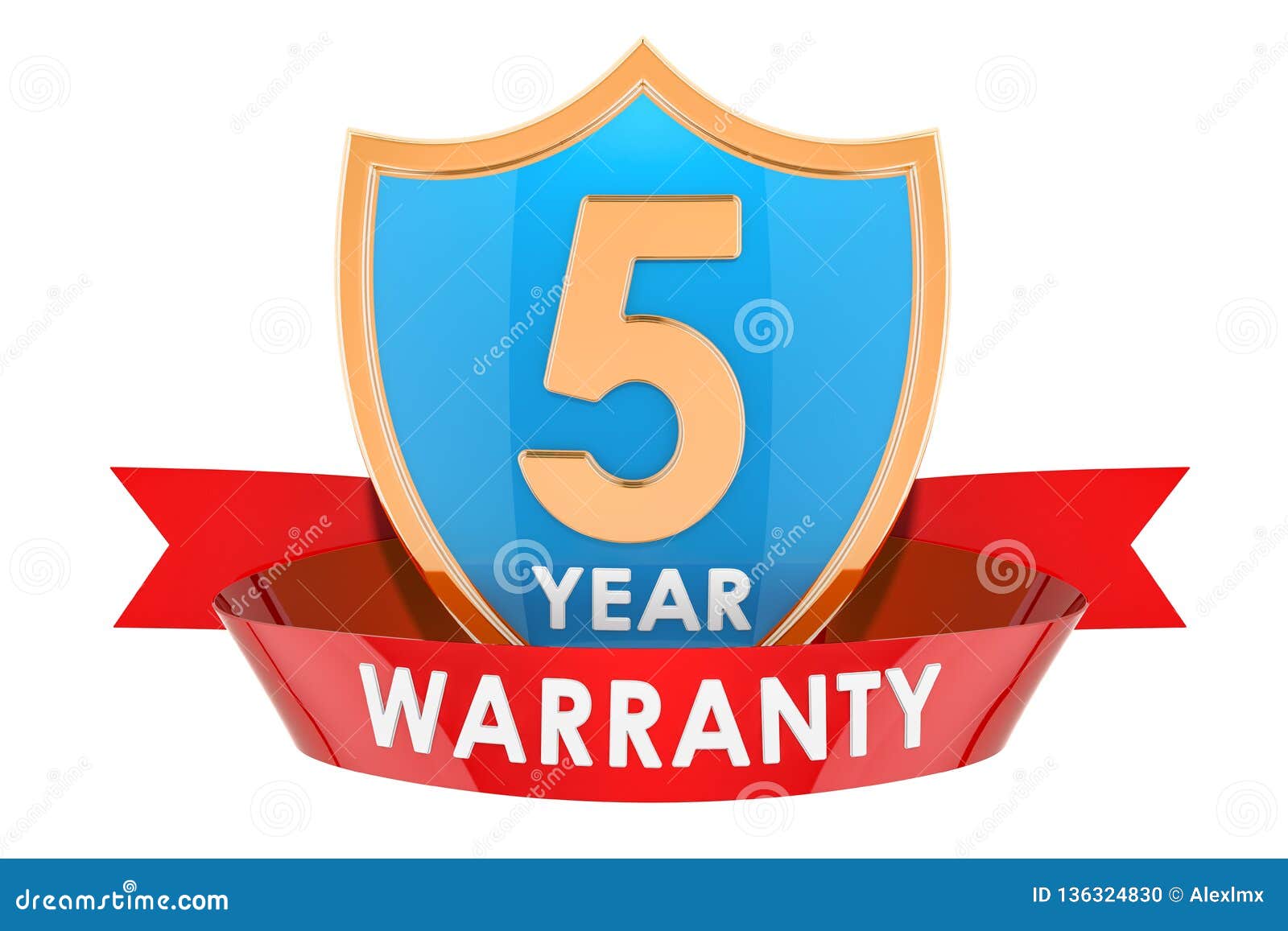5 Year Warranty Shield, Badge. 3D Rendering Stock Illustration
