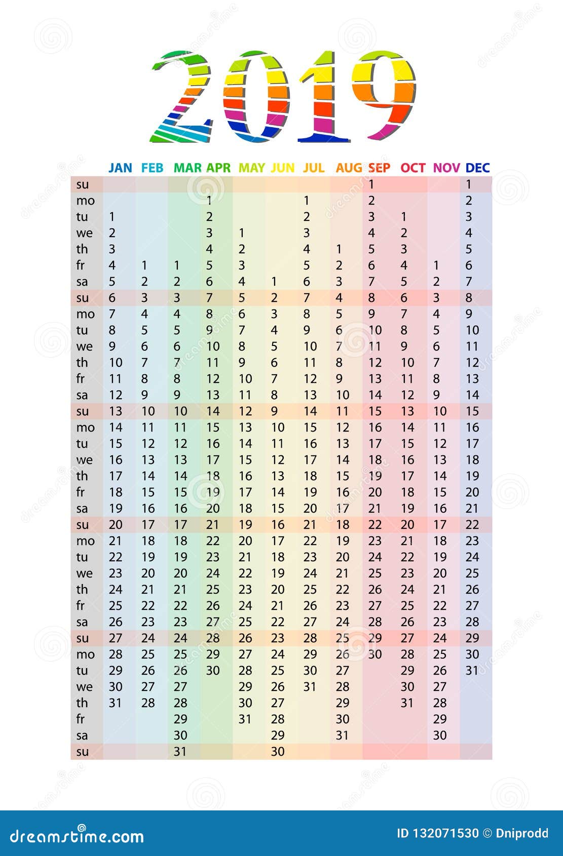 Planner Yearly 2019 - 2019 year yearly planner calendar Royalty Free Vector Image : Each month in a different color.