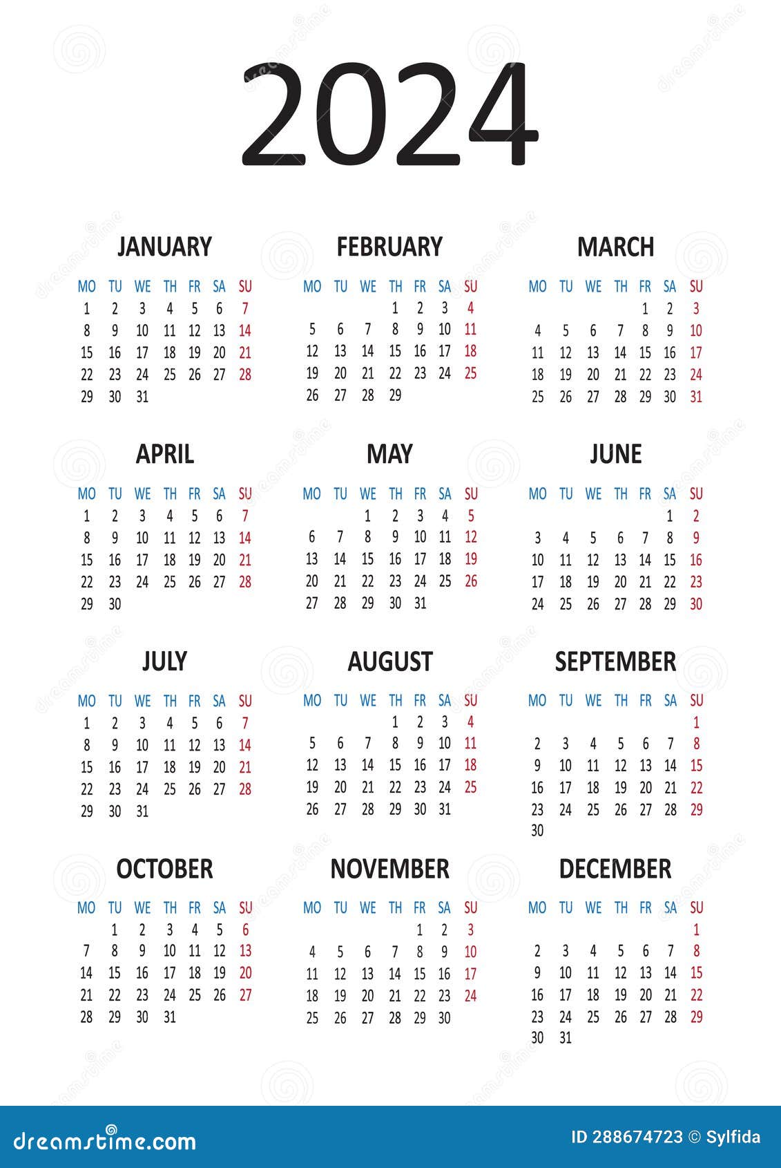 Yearly Calendar 2023 Week Starts On Monday Stock Illustration