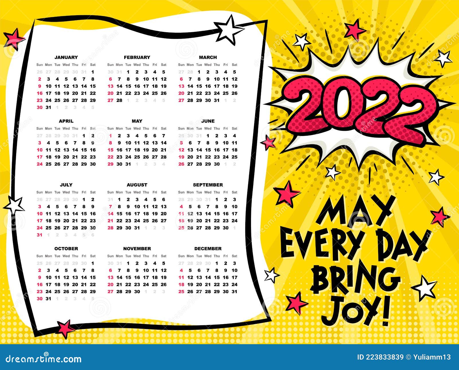2022 Yearly Cartoon Calendar. Bright Calendar Template in Pop Art Style