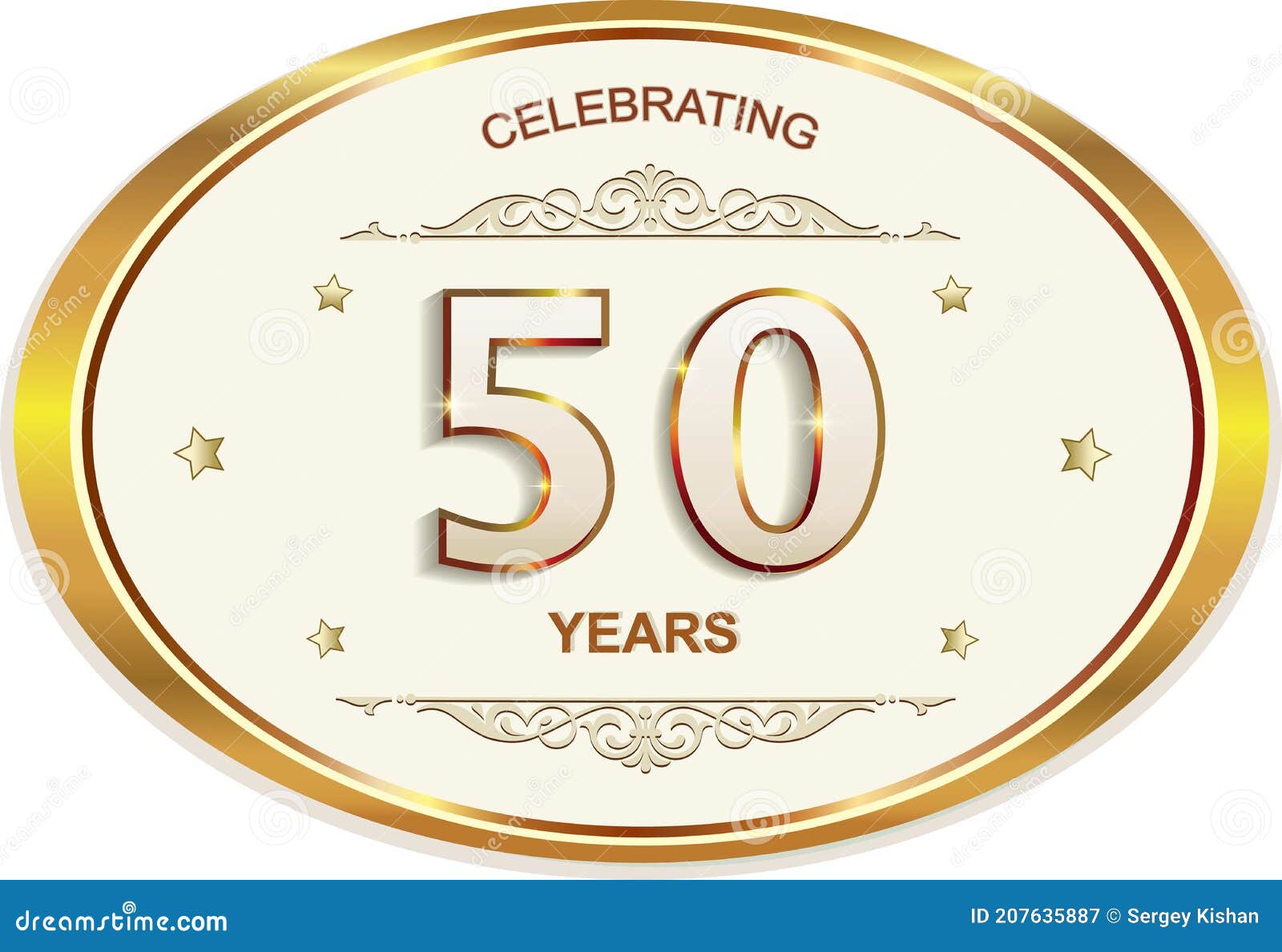 50 Years Anniversary in an Oval Gold Frame with a Pattern. Vector