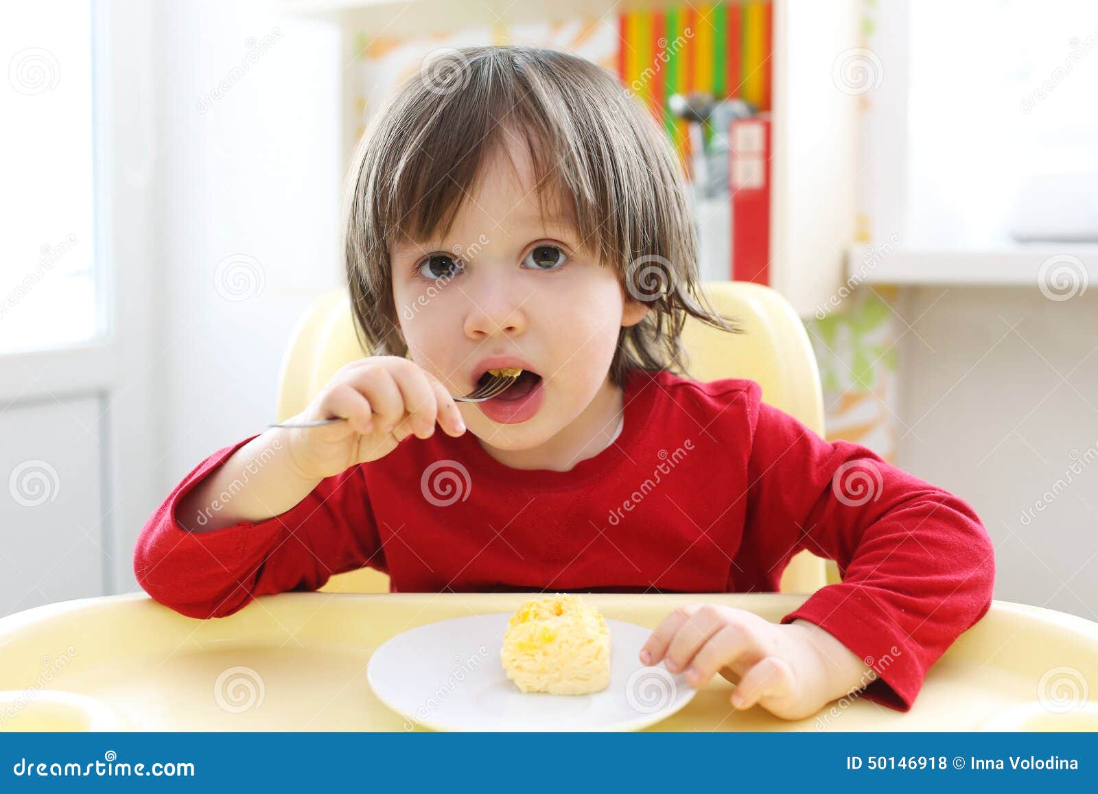 2 Years Boy Eating Scrambled Eggs Healthy Nutrition Stock Photo Image Of Lunch Eating