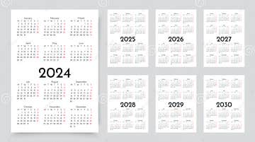 2024, 2025, 2026, 2027, 2028, 2029, 2030 Years Calendar. Set Templates